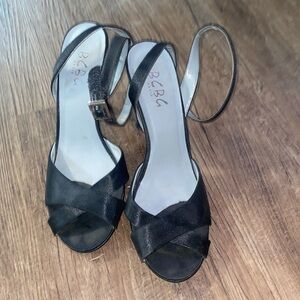 BCBG Paris Black Satin Strappy Heels Shoes Size 6.5 Ankle Strap